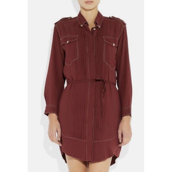 Isabel Marant Etoile GALISE Shirt Dress Burgandy Red Pleated Utility FR 34 US 2 - Picture 2 of 16